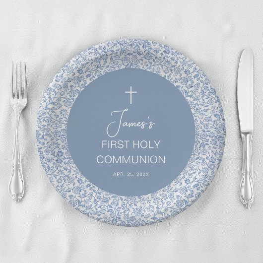 Boy First Communion Blue and White Floral Pattern ペーパープレート