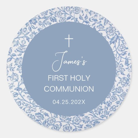 Boy First Communion Blue and White Floral Pattern  ラウンドシール (正面)