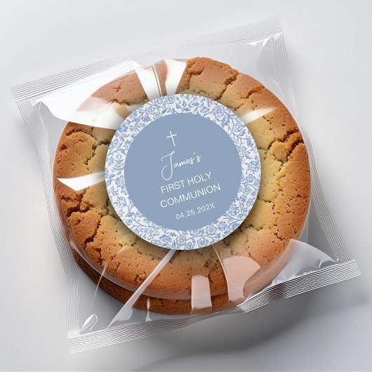 Boy First Communion Blue and White Floral Pattern  ラウンドシール