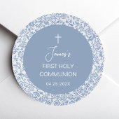 Boy First Communion Blue and White Floral Pattern  ラウンドシール