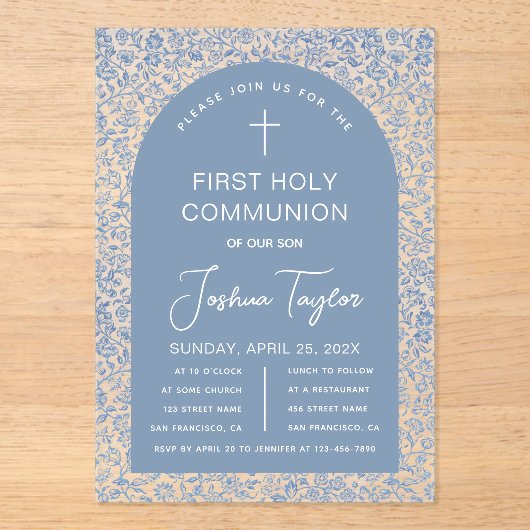 Boy First Communion Blue Arch Floral Pattern  アクリル招待状 (正面)
