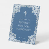 Boy First Communion Blue Silverへようこそ離れ 台座サイン (正面)