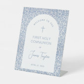Boy First Communion Blue White Arch Floral Welcome 台座サイン (正面)