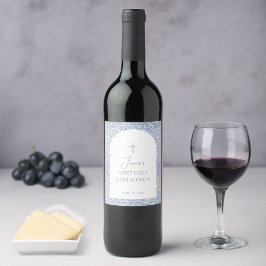 Boy First Communion Blue White Floral Pattern Arch ワインラベル