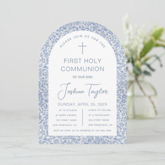 Boy First Communion Blue White Floral Pattern Arch 招待状 (スタンド正面)