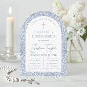 Boy First Communion Blue White Floral Pattern Arch 招待状