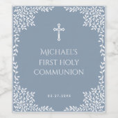 Boy First Communion Dusty Blue White Cross Leaves ワインラベル (シングルラベル)