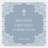 Boy First Communion Dusty Blue White Leaves Cross スクエアシール (正面)