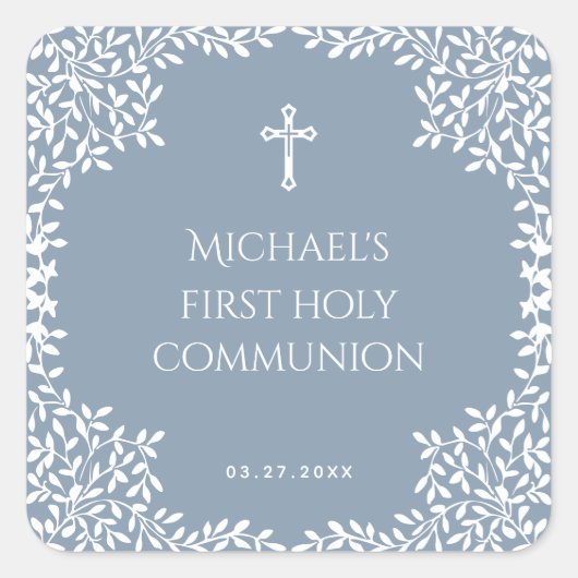 Boy First Communion Dusty Blue White Leaves Cross スクエアシール (正面)