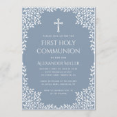 Boy First Communion Dusty Blue White Leaves Cross 招待状 (正面)
