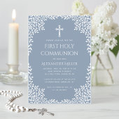 Boy First Communion Dusty Blue White Leaves Cross 招待状