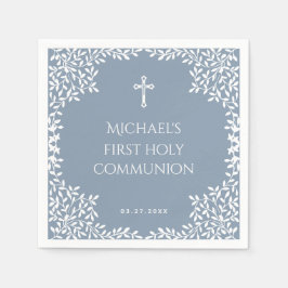 Boy First Communion Dusty Blue White Leaves Ornate スタンダードカクテルナプキン