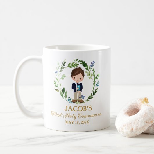 Boy First Communion Favors Greenery Wreath コーヒーマグカップ (ドーナツ)