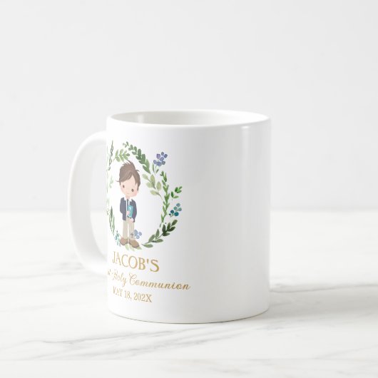 Boy First Communion Favors Greenery Wreath コーヒーマグカップ (正面左)