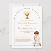 Boy First Communion Gold Boho Arch & Chalice 招待状 (正面)