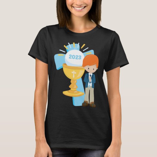 Boy First Communion Keepsake 2023 Cross Blue Rosar Tシャツ (正面)