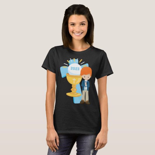 Boy First Communion Keepsake 2023 Cross Blue Rosar Tシャツ (正面フル)