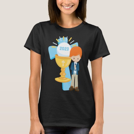 Boy First Communion Keepsake 2023 Cross Blue Rosar Tシャツ (正面)