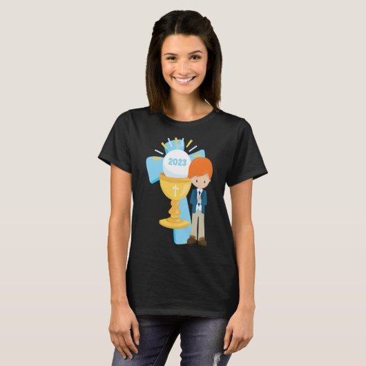 Boy First Communion Keepsake 2023 Cross Blue Rosar Tシャツ (正面フル)