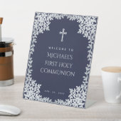 Boy First Communion Navy Blue Silverフェイク離れ 台座サイン (インサイチュ)