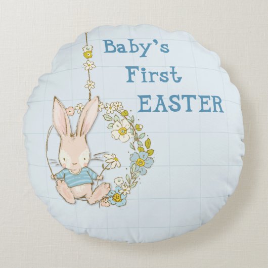 Boy First Easter Bunny on Flower Swing Round Pilo ラウンドクッション (正面)