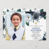 Boy First Holy Communion青いフローラ写真 招待状 (正面/裏面)