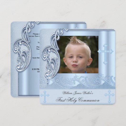 Boy First Holy Communion Blue写真確認2 招待状 (正面/裏面)
