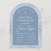Boy First Holy Communion Blue Arch Floral Pattern 招待状 (正面)