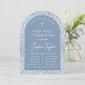Boy First Holy Communion Blue Arch Floral Pattern 招待状 (スタンド正面)