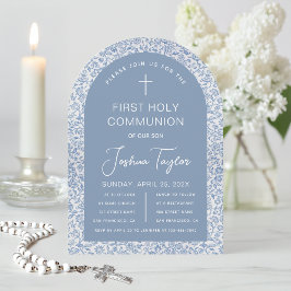Boy First Holy Communion Blue Arch Floral Pattern 招待状