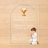 Boy First Holy Communion Gold Boho Arch & Chalice アクリル招待状 (正面)