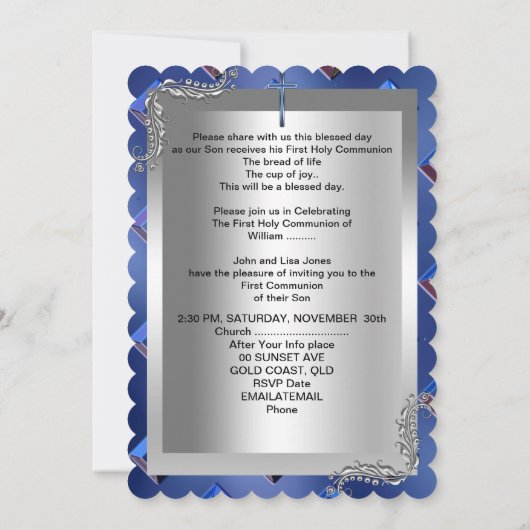 Boy First Holy Communion Silver 王室の Blue 2TS 招待状 (裏面)