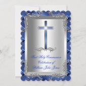 Boy First Holy Communion Silver 王室の Blue 2TS 招待状 (正面)