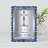 Boy First Holy Communion Silver 王室の Blue 2TS 招待状 (スタンド正面)