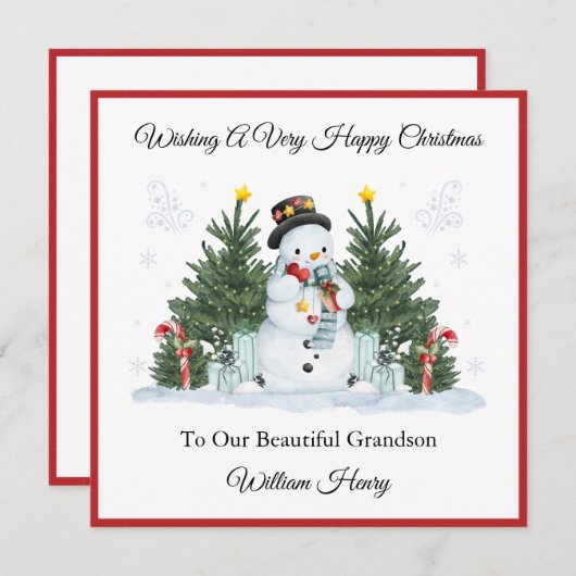 Boy First Second Third Christmas Snowman Card シーズンカード (正面/裏面)