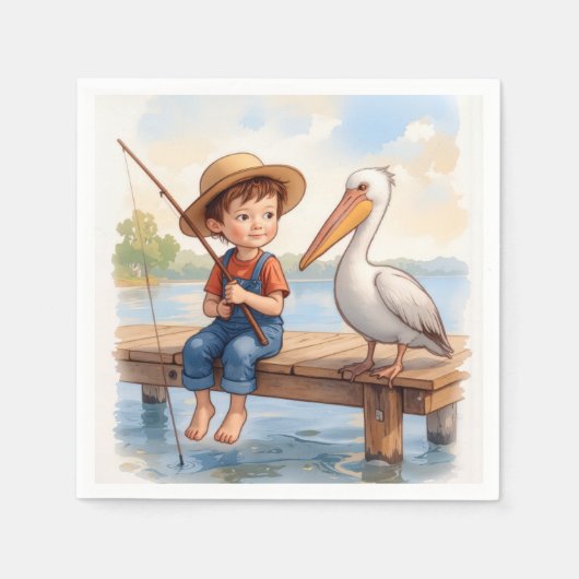 Boy Fishing On a Dock With a Pelican スタンダードカクテルナプキン (正面)
