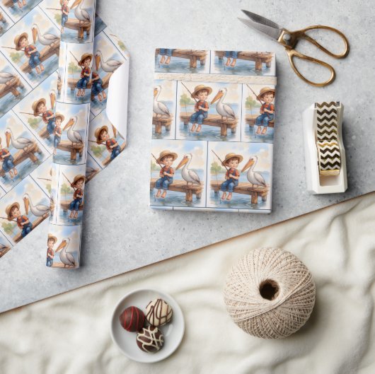 Boy Fishing On a Dock With a Pelican ラッピングペーパー (クラフト)