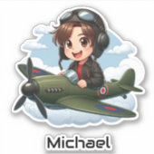  Boy Flying Airplane Clouds Fun Kids Personalized シール (正面)