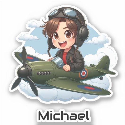 Boy Flying Airplane Clouds Fun Kids Personalized シール (正面)