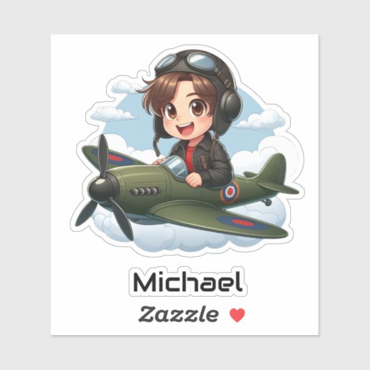  Boy Flying Airplane Clouds Fun Kids Personalized シール (シート)