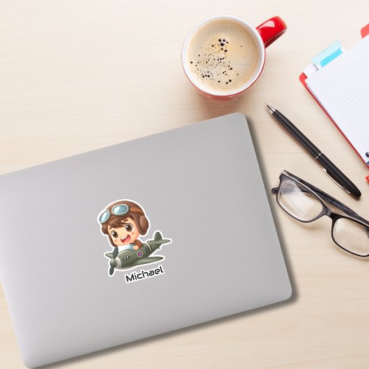  Boy Flying Airplane Clouds Fun Kids Personalized シール