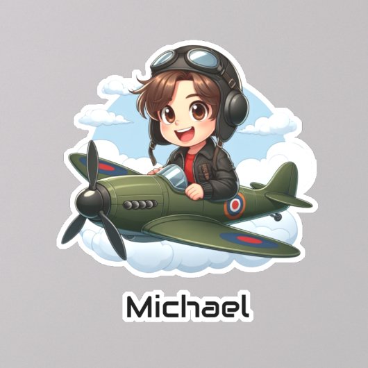  Boy Flying Airplane Clouds Fun Kids Personalized シール
