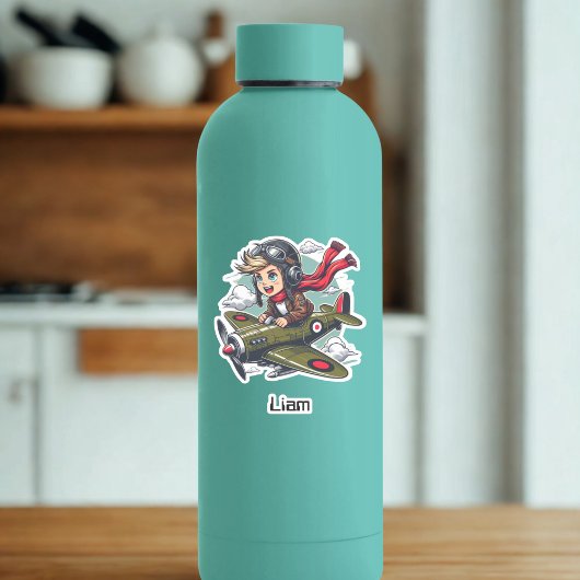 Boy Flying Airplane Clouds Fun Kids Personalized シール