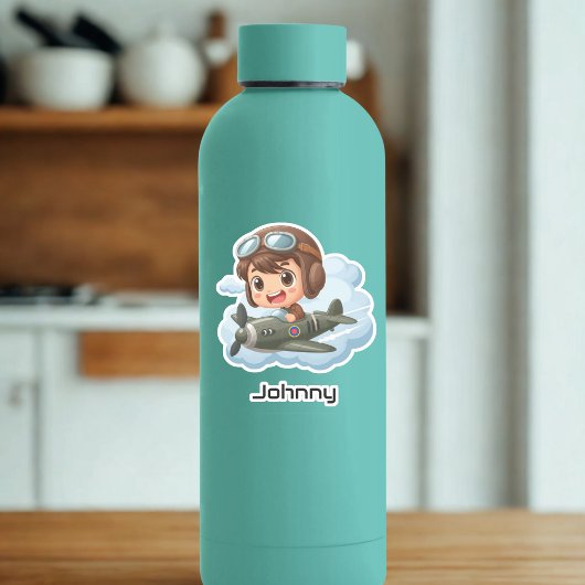 Boy Flying Airplane Clouds Fun Kids Personalized シール