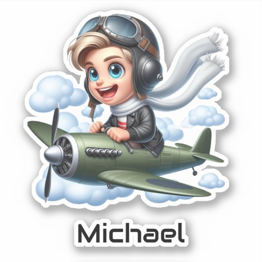 Boy Flying Airplane Clouds Fun Kids Personalized シール (正面)