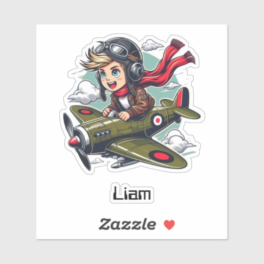 Boy Flying Airplane Clouds Fun Kids Personalized シール (シート)