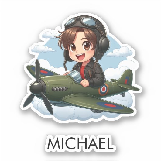 Boy Flying Airplane Cute Kids Personalized シール (正面)