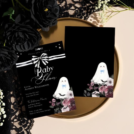 Boy Ghost Little Boo Floral Gothic Baby Shower  招待状