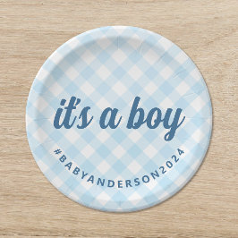 Boy Gingham Baby Shower ペーパープレート