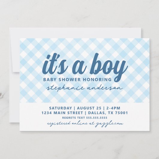 Boy Gingham Baby Shower 招待状 (正面)